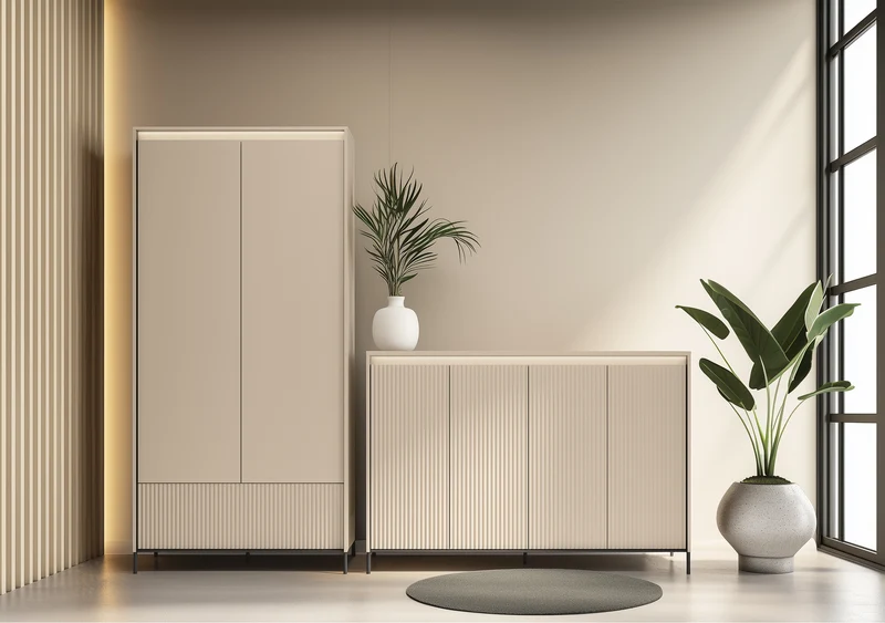 Zweittüriger Trend-Kleiderschrank mit Schublade und Beleuchtung, 101 cm, geriffelte Fronten in Sandbeige / Schwarz