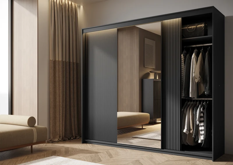 Drehtürenschrank Trend mit drei Türen, Spiegel und Beleuchtung, 250 cm, geriffelte Fronten, schwarz