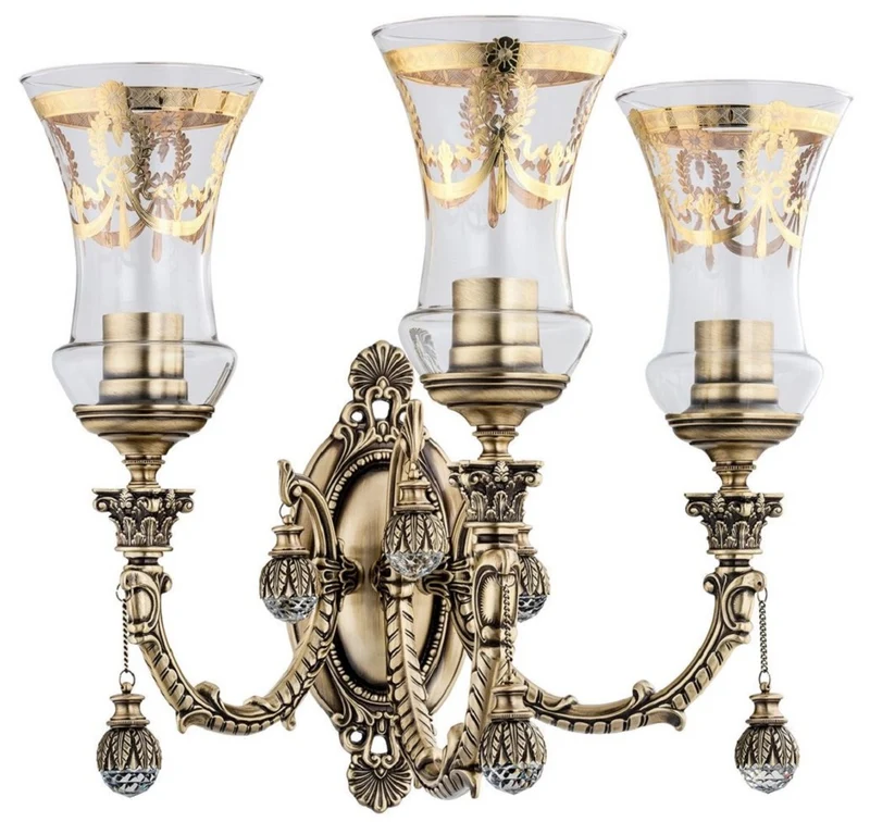 Casa Padrino Luxus Barock Kristall Wandleuchte Messing mit Patina / Gold 43 x H. 37 cm
