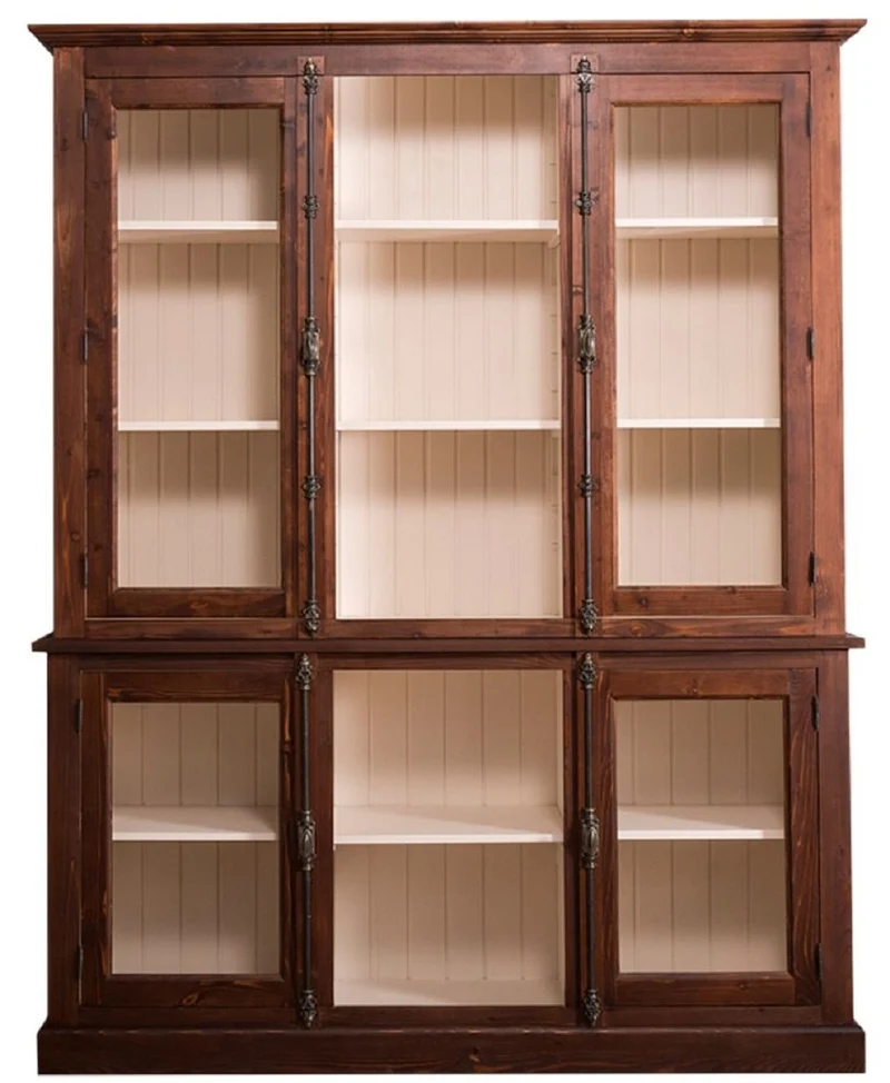 Casa Padrino Landhausstil Wohnzimmerschrank Dunkelbraun / Creme 184 x 48 x H. 228 cm - Massivholz Vitrinenschrank mit 4 Glastüren