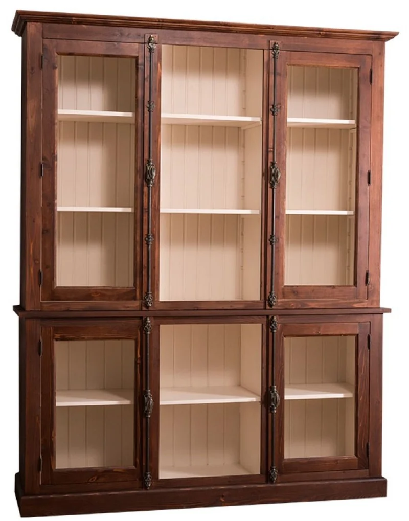 Casa Padrino Landhausstil Wohnzimmerschrank Dunkelbraun / Creme 184 x 48 x H. 228 cm - Massivholz Vitrinenschrank mit 4 Glastüren