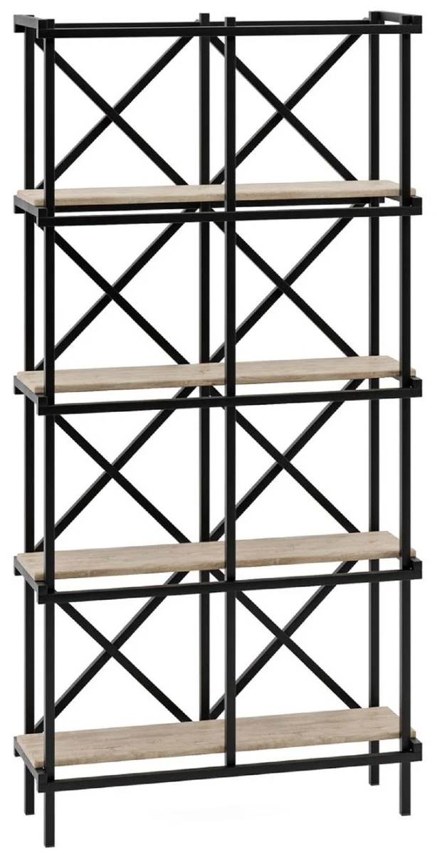 Casa Padrino Luxus Metall Regalschrank mit Holzregalen Schwarz / Naturfarben 107,5 cm