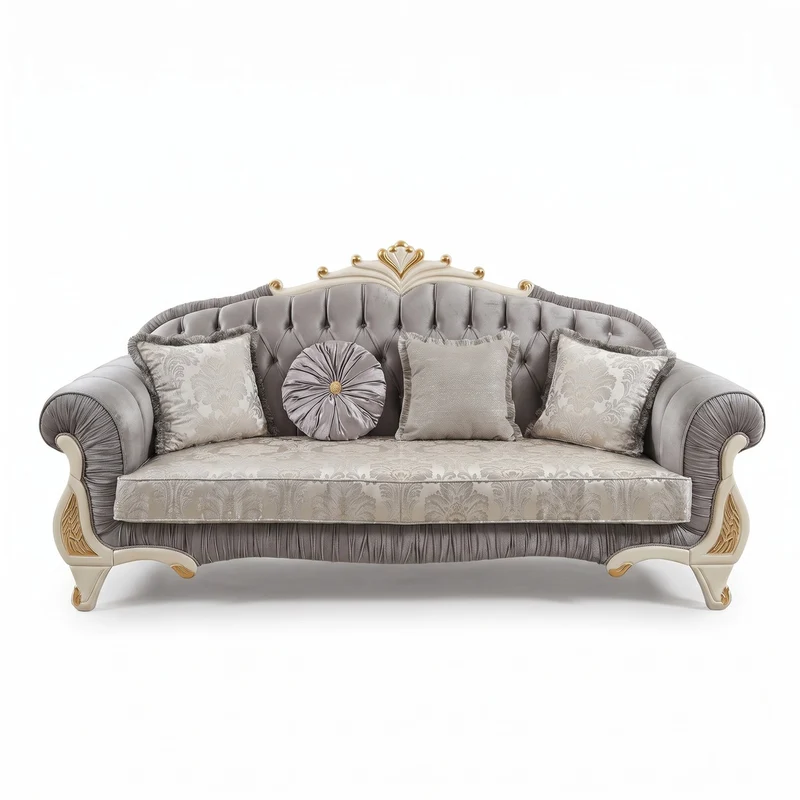 Casa Padrino Luxus Barock Sofa in Grau, Creme und Gold, 225 cm - Prunkvolles Barock Möbelstück