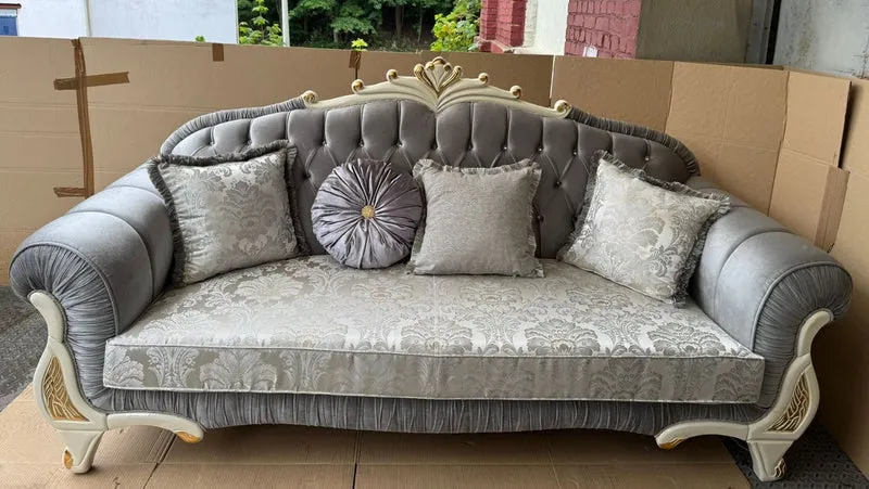 Casa Padrino Luxus Barock Sofa in Grau, Creme und Gold, 225 cm - Prunkvolles Barock Möbelstück