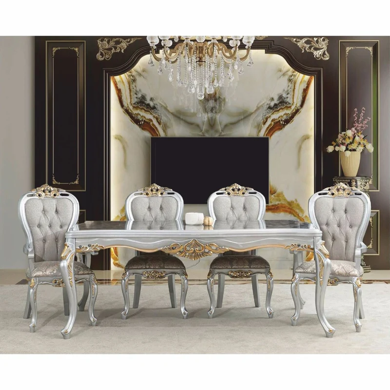 Casa Padrino Luxus Barock Esstisch Grau / Silber / Gold 165 cm - Barock Möbel