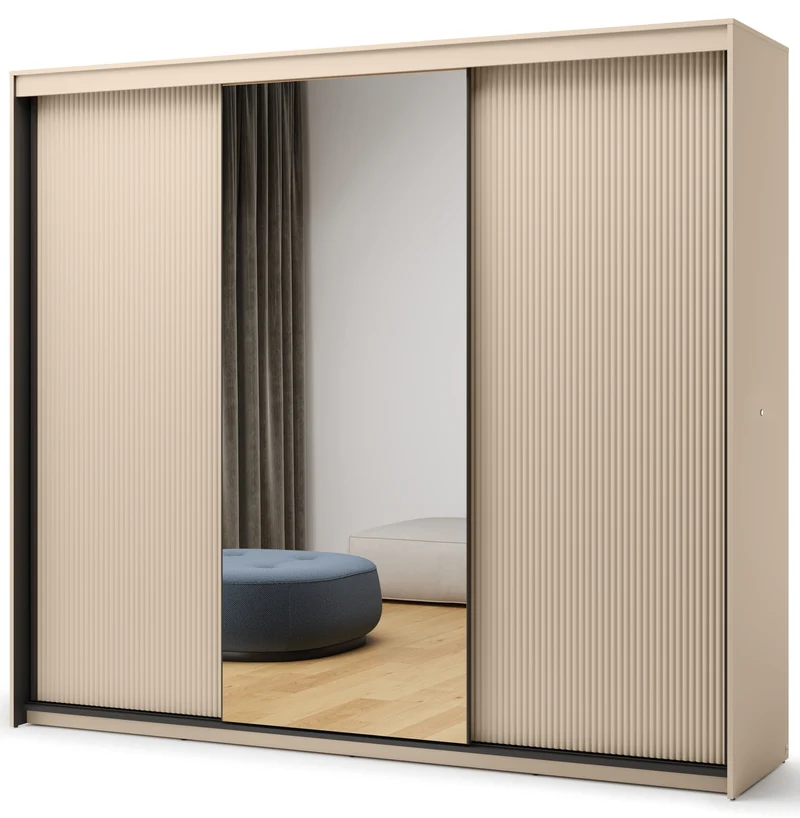 Trend Schiebetürenschrank, dreitürig, mit Spiegel und Beleuchtung, 250 cm, gerillte Fronten, sandbeige / schwarz