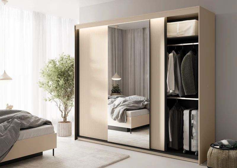 Trend Schiebetürenschrank, dreitürig, mit Spiegel und Beleuchtung, 250 cm, gerillte Fronten, sandbeige / schwarz