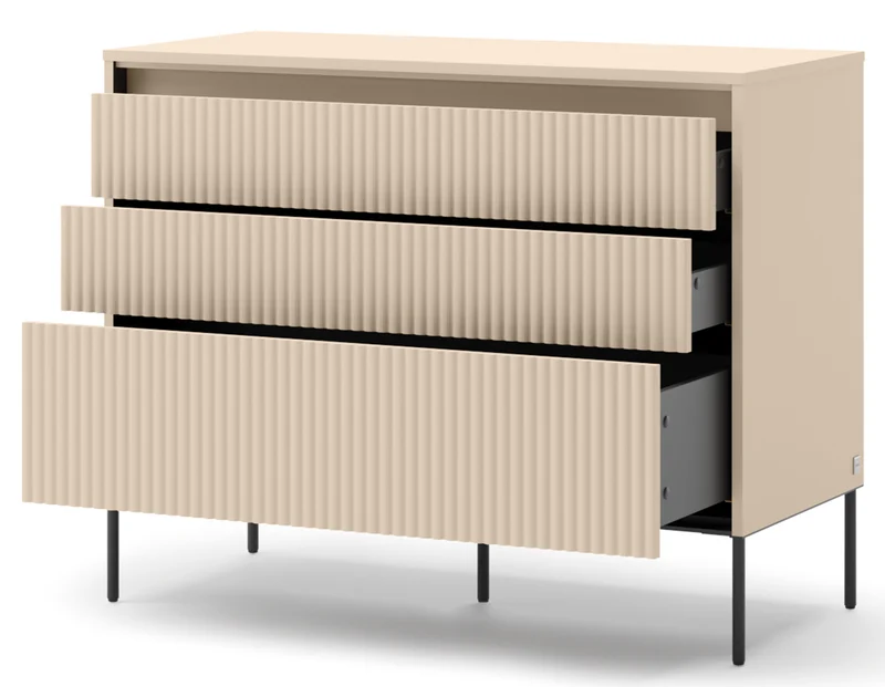Trend-Kommode mit drei Schubladen und Beleuchtung, 104 cm, geriffelte Fronten, sandbeige / schwarz