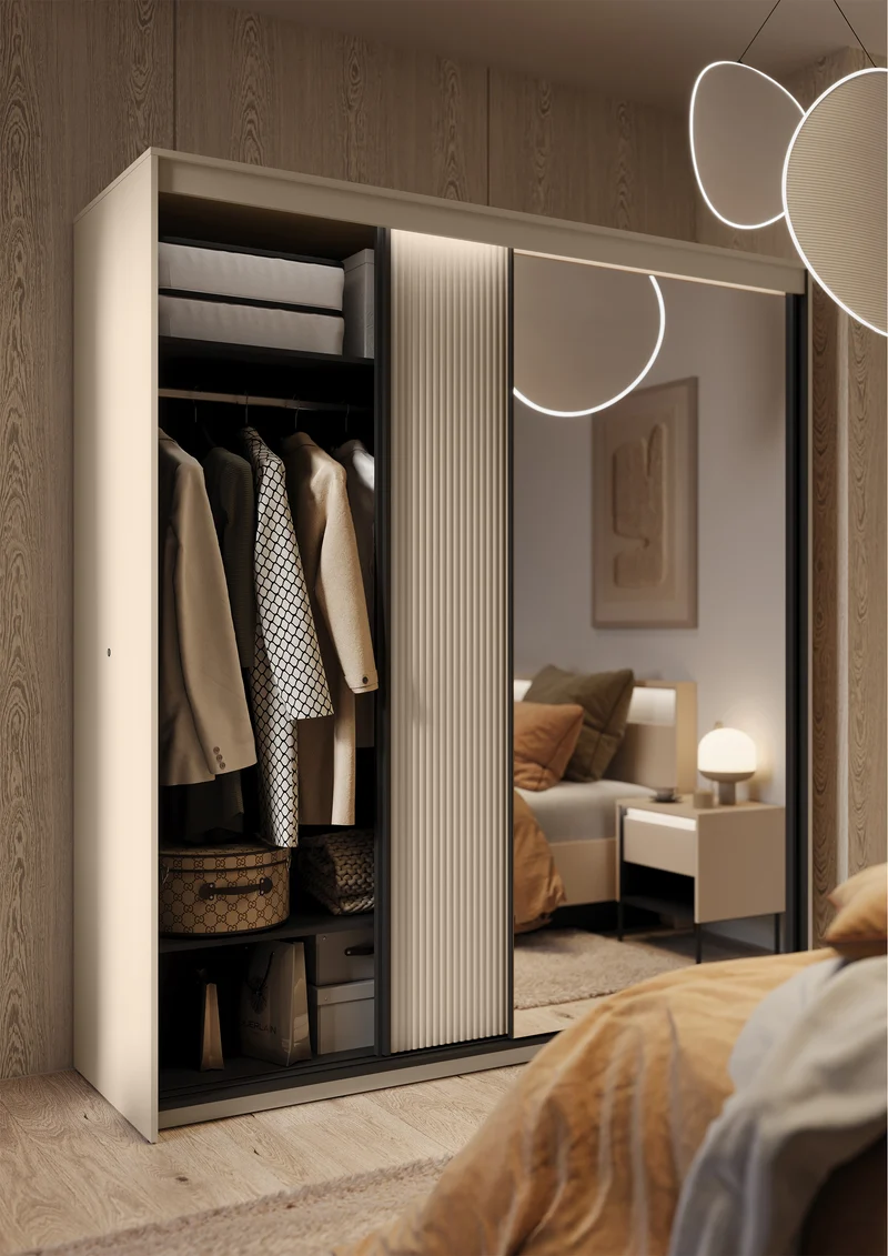 Schiebetürenschrank Trend, zweitürig, mit Spiegel und Beleuchtung, 200 cm, geriffeltes Frontdesign, sandbeige / schwarz