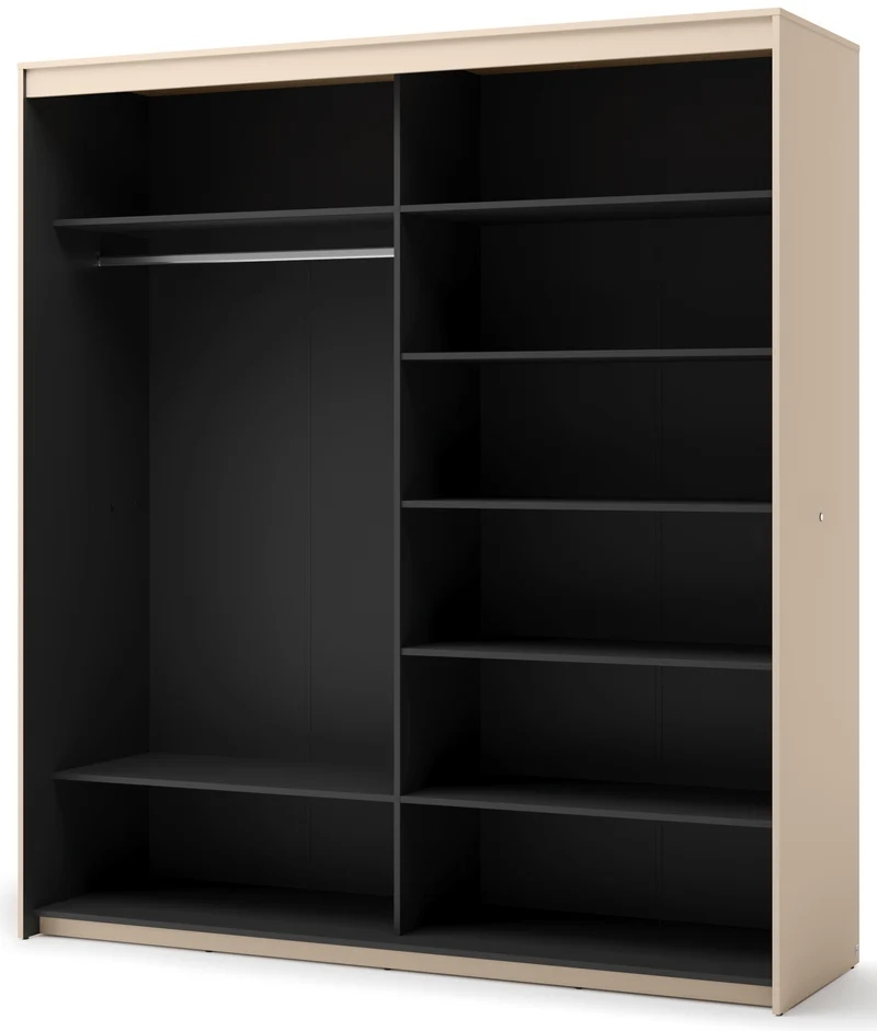 Schiebetürenschrank Trend, zweitürig, mit Spiegel und Beleuchtung, 200 cm, geriffeltes Frontdesign, sandbeige / schwarz