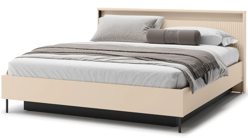 Trend-Bett 180x200 cm, gerillt, mit Stauraum und Beleuchtung, sandbeige / schwarz