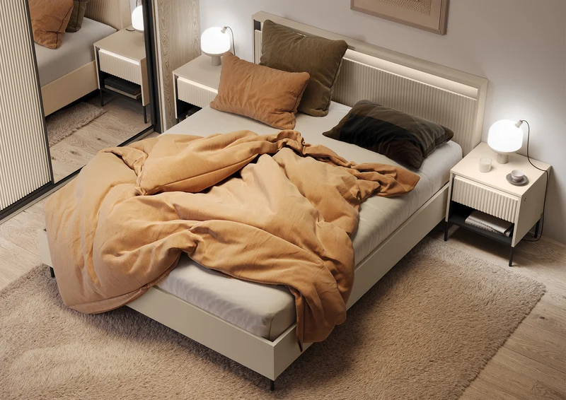 Trend-Bett 180x200 cm, gerillt, mit Stauraum und Beleuchtung, sandbeige / schwarz