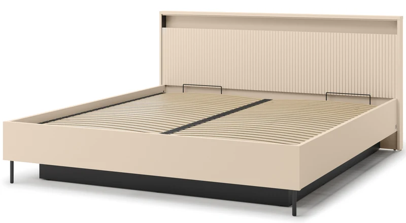 Trend-Bett 180x200 cm, gerillt, mit Stauraum und Beleuchtung, sandbeige / schwarz