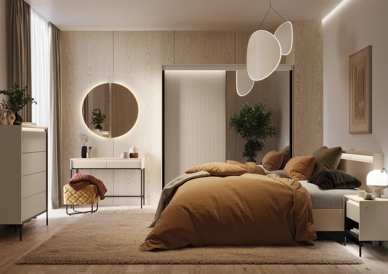 Hohe Kommode Trend mit vier Schubladen und Beleuchtung, 93 cm, gerillte Fronten, sandbeige / schwarz