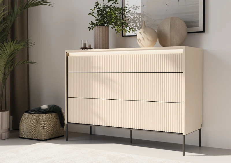 Trend-Kommode mit sechs Schubladen und Beleuchtung, 130 cm, gerillte Fronten, Sandbeige / Schwarz
