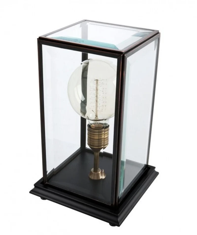 Casa Padrino Luxus Tischleuchte Schwarz - Edle Designer Lampe aus MDF, Glas und Messing - 22,5 x 22,5 x H. 37 cm