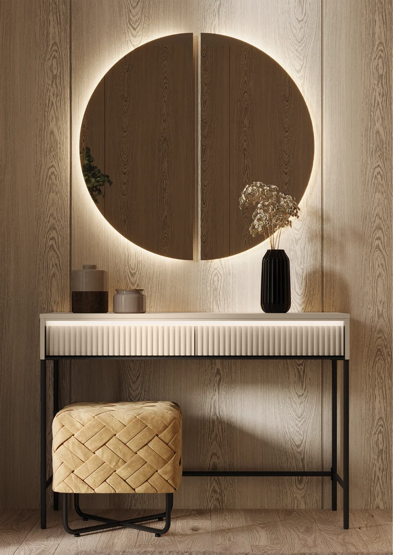 Trend Schminktisch mit Schubladen und Beleuchtung 112 cm, geriffelte Fronten, sandbeige / schwarz