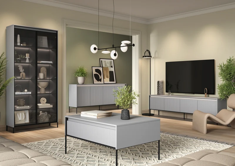 Vier­türige Kommode Trend niedrig 193 cm mit LED Grau