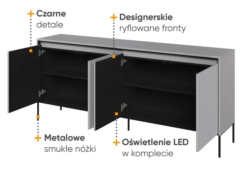 Vier­türige Kommode Trend niedrig 193 cm mit LED Grau