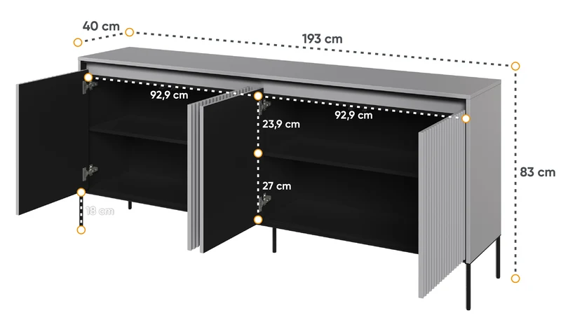 Vier­türige Kommode Trend niedrig 193 cm mit LED Grau