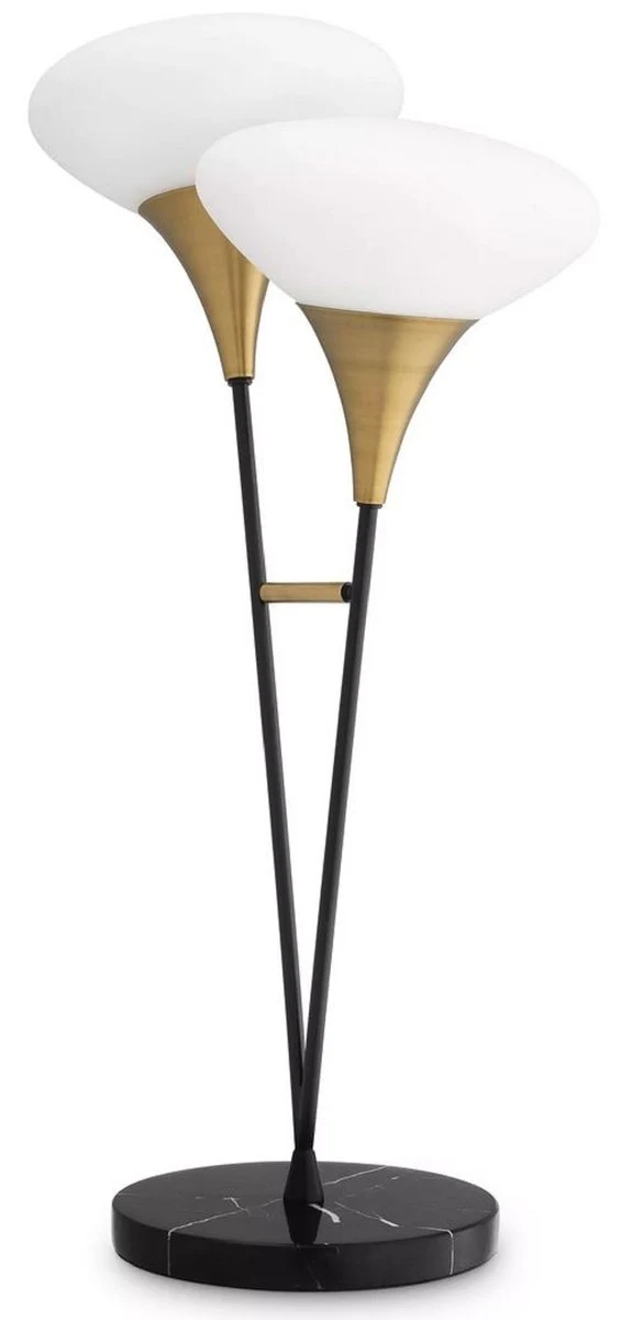 Casa Padrino Luxus Doppel Tischleuchte Antik Messingfarben / Schwarz / Weiß 50 x 28 x H. 87 cm - Schreibtschleuchte mit Marmorfuß - Luxus Kollektion