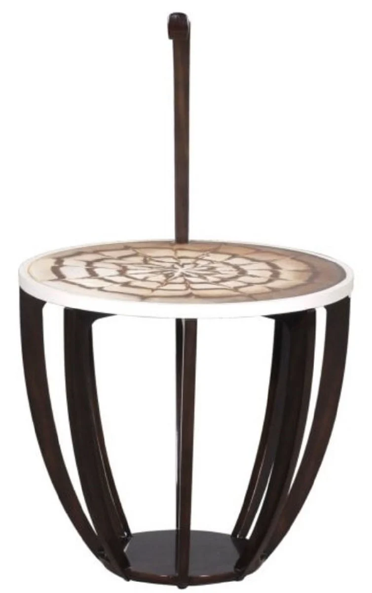 Casa Padrino Luxus Beistelltisch Dunkelbraun / Weiß / Braun Ø 50 x H. 88 cm - Kleiner Getränke Tisch mit Tragegriff