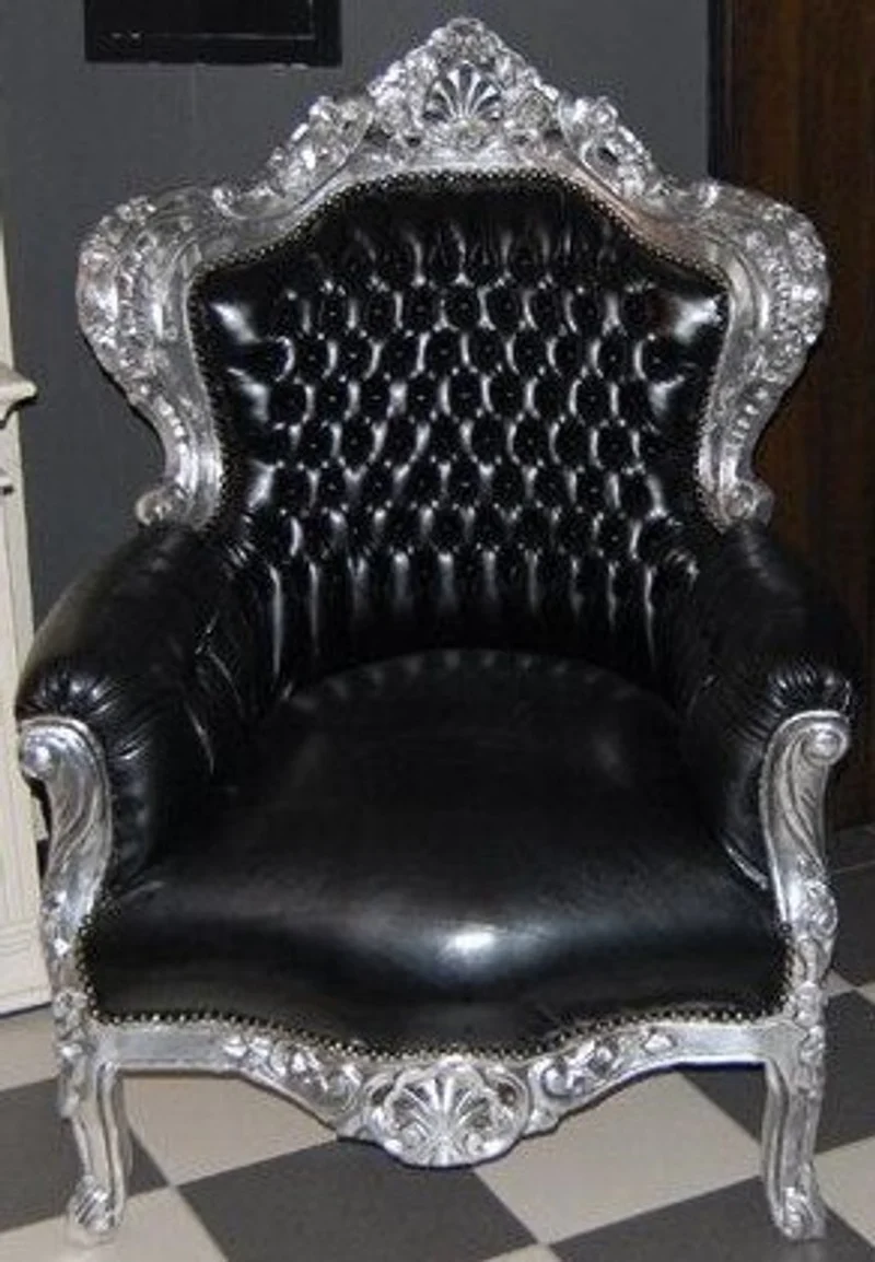 Casa Padrino Barock Sessel King im Antik Stil, Schwarz / Silber Lederoptik, 85 x 85 x H. 120 cm