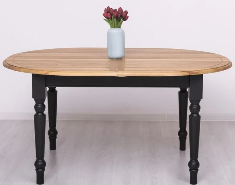 Casa Padrino Landhausstil Esstisch Naturfarben / Schwarz 160-200 x 120 x H. 78 cm - Ovaler ausziehbarer massivholz Küchentisch mit Eichenholz Tischplatte - Esszimmer Möbel im Landhausstil