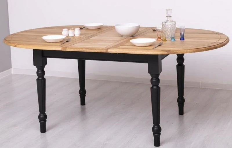 Casa Padrino Landhausstil Esstisch Naturfarben / Schwarz 160-200 x 120 x H. 78 cm - Ovaler ausziehbarer massivholz Küchentisch mit Eichenholz Tischplatte - Esszimmer Möbel im Landhausstil