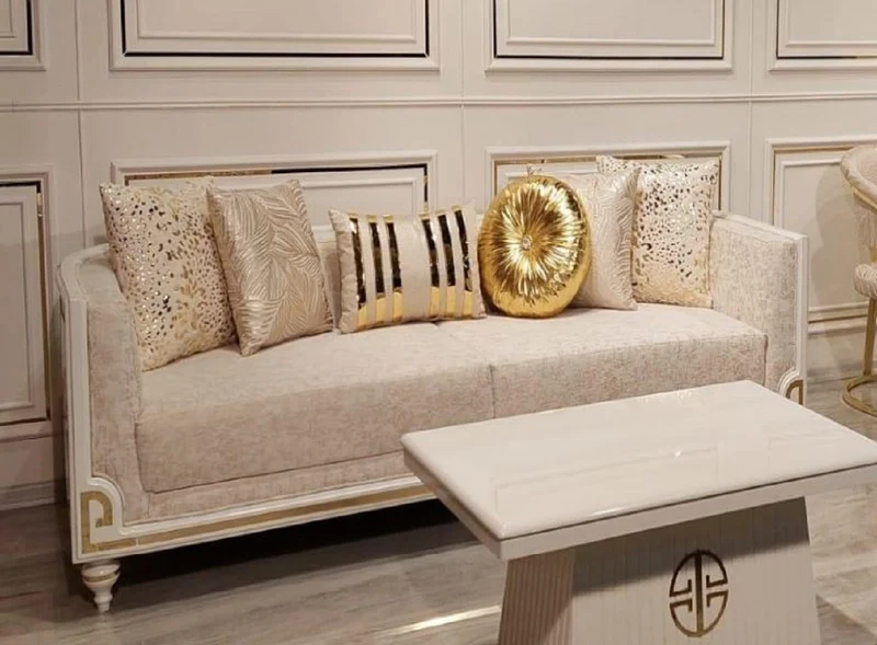Casa Padrino Luxus Art Deco Sofa Grau / Weiß / Gold - Wohnzimmer Sofa - Hotel Sofa - Luxus Art Deco Wohnzimmer & Hotel Möbel