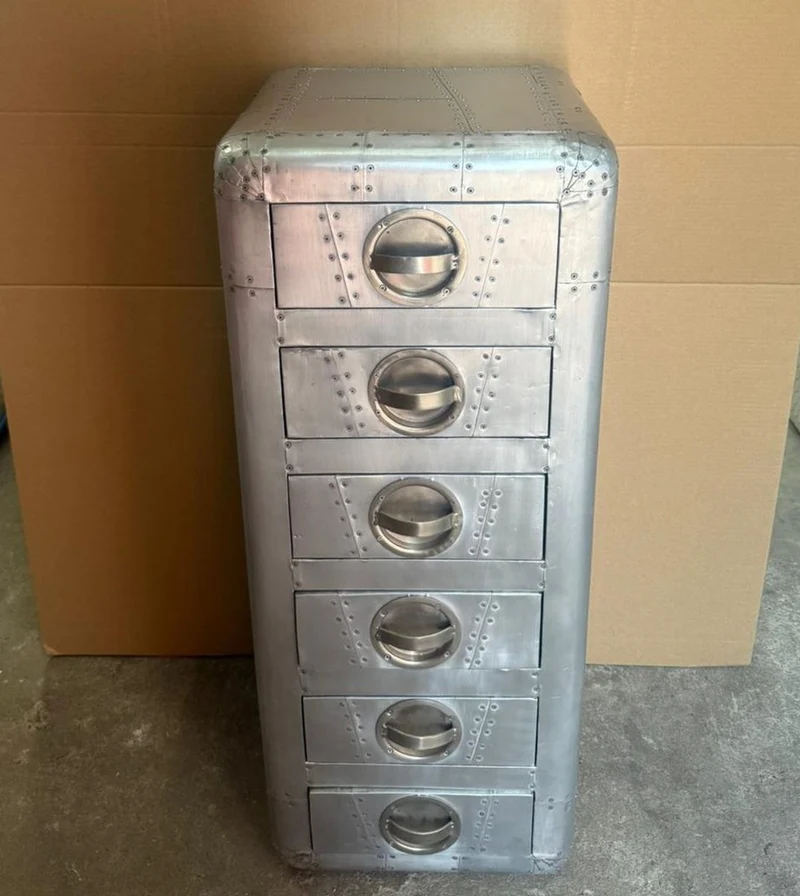 Casa Padrino Aluminium Kommode im Flugzeug Design mit 6 Schubladen Silber 40 x 40 x 100 cm