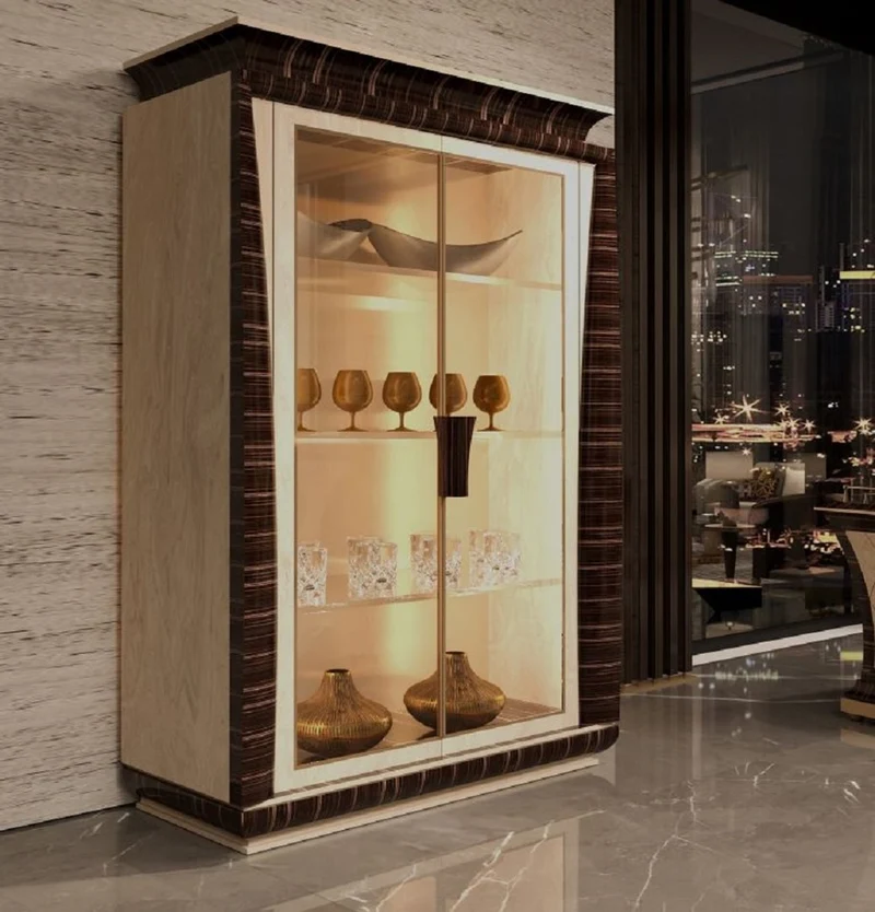 Casa Padrino Luxus Vitrine Naturfarben / Dunkelbraun 139 x 61 x H. 205 cm - Massivholz Vitrinenschrank mit 2 Glastüren - Wohnzimmer Möbel - Hotel Möbel - Luxus Qualität - Made in Italy
