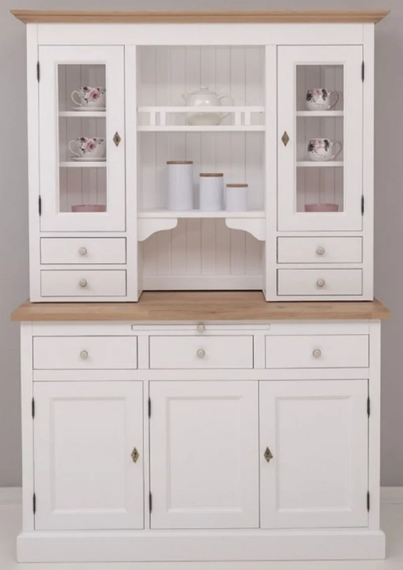 Casa Padrino Landhausstil Küchenschrank Weiß / Naturfarben 138 x 50 x H. 197 cm - 2 Teiliger Küchenschrank mit 5 Türen und 7 Schubladen - Landhausstil Küchenmöbel