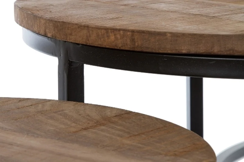 Casa Padrino Luxus Couchtisch 3er Set Naturfarben / Schwarz Ø 78 x H. 48 cm - Runde Wohnzimmertische mit halbrundem Metall Untergestell
