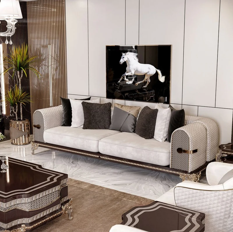 Casa Padrino Luxus Barock Sofa Creme / Grau / Dunkelbraun / Gold