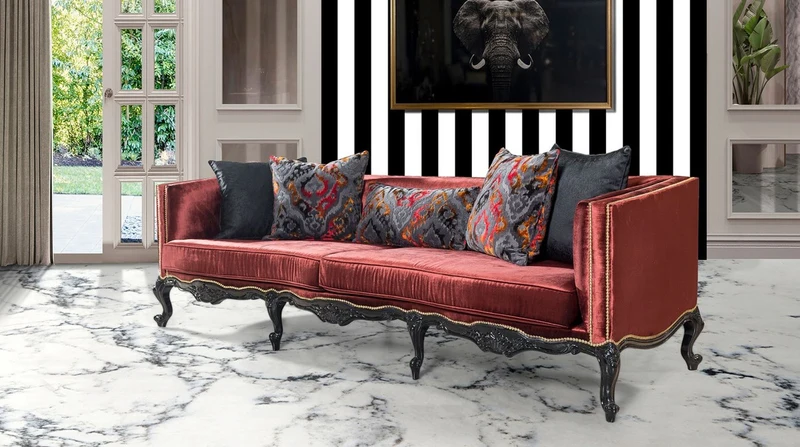 Casa Padrino Luxus Barock Sofa Bordeauxrot / Schwarz / Gold - Prunkvolles Wohnzimmer Sofa im Barockstil - Barock Wohnzimmer Möbel