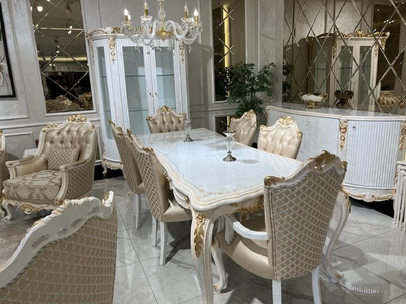 Casa Padrino Luxus Barock Esszimmer Set Weiß / Gold - 1 Barock Esstisch & 6 Barock Esszimmerstühle - Barock Esszimmer Möbel - Edel & Prunkvoll