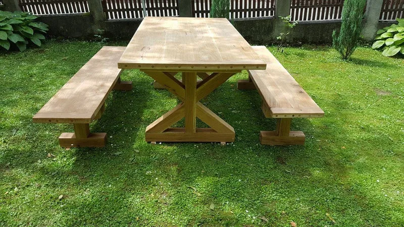 Casa Padrino Gartenmöbel Set Rustikal mit Kreuzgestell - Tisch + 2 Garten Bänke (Länge: 200 cm) - Eiche Massivholz