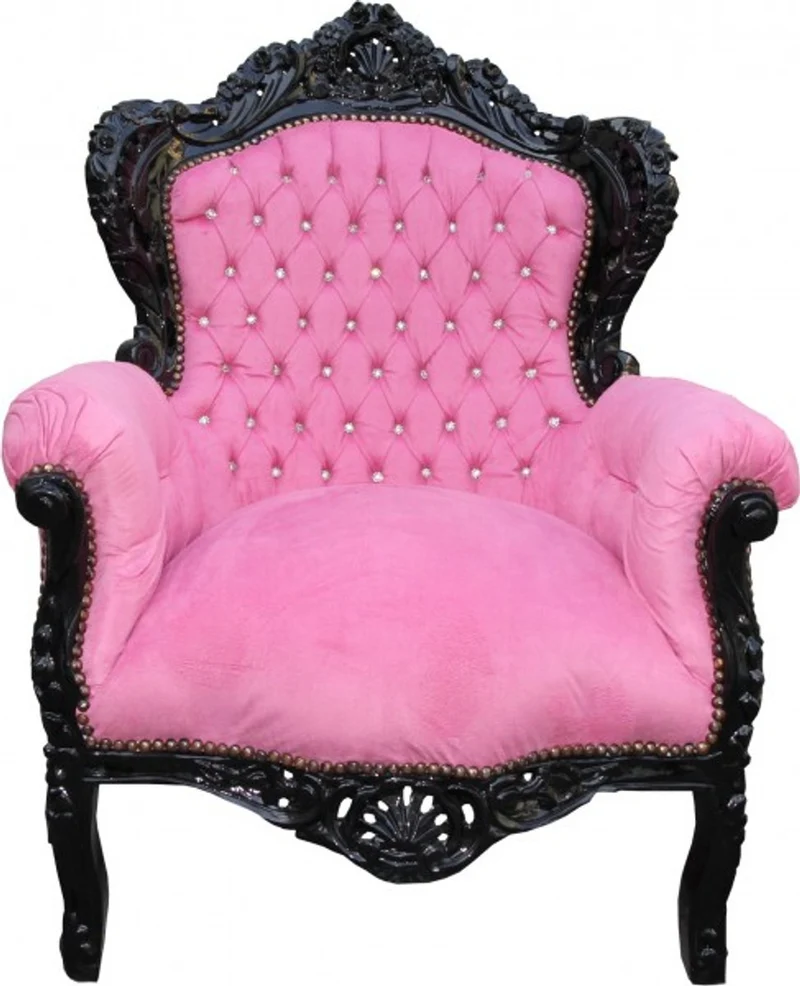 Casa Padrino Barock Sessel King im Antik Stil, Rosa / Schwarz mit Glitzersteinen, 120 x 85 x 85 cm