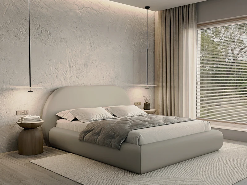 Polsterbett 160x200 cm Buvio mit Bettkasten, Metallrahmen, hellbeiger Chenille-Bezug