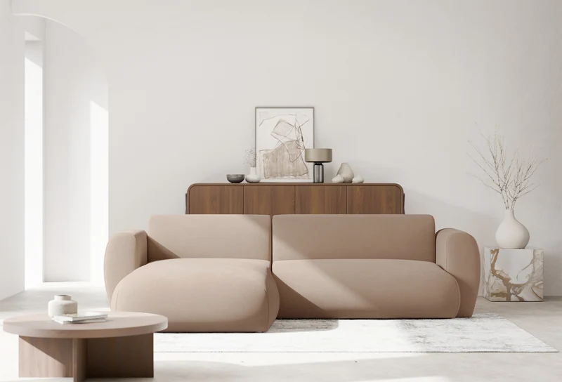 Ecksofa mit Schlafunktion Emia, L-förmig, linksseitig, beige, pflegeleichter Chenillestoff