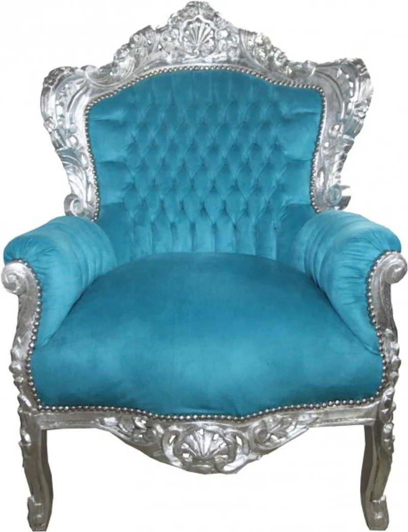 Casa Padrino Barock Sessel King Petrol Türkis / Silber - Handgefertigter Luxus Sessel im Antikstil - 120 x 85 x 85 cm