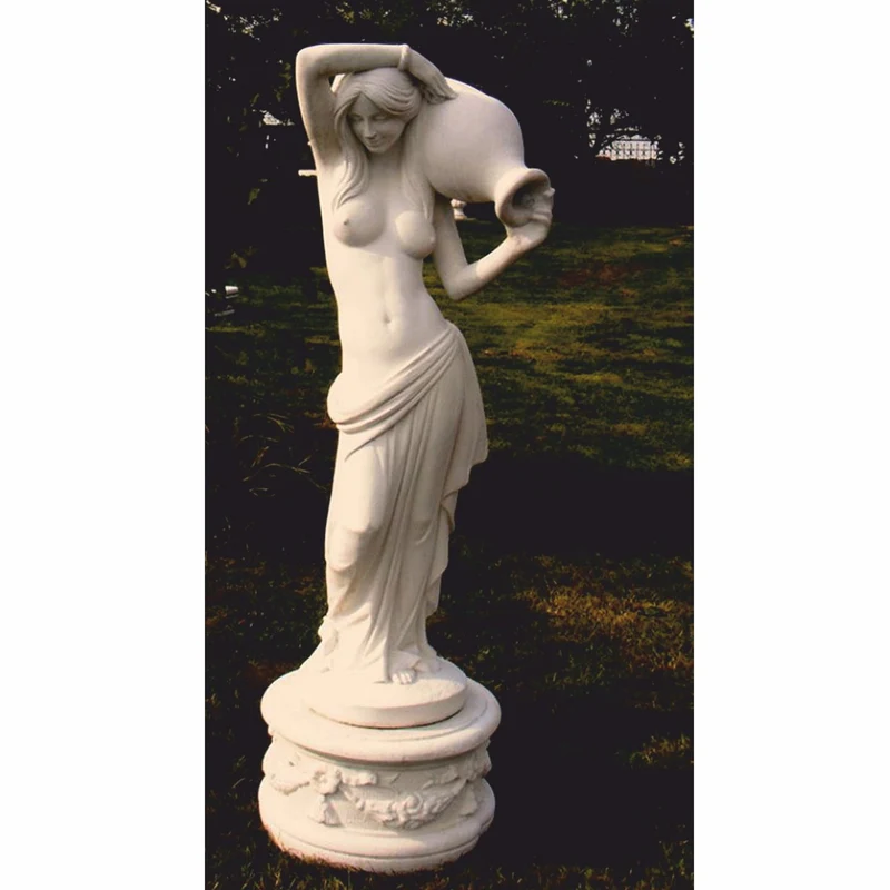 Casa Padrino Jugendstil Garten Deko Wasserspeier Skulptur Frau mit Krug auf Sockel Weiß H. 150 cm
