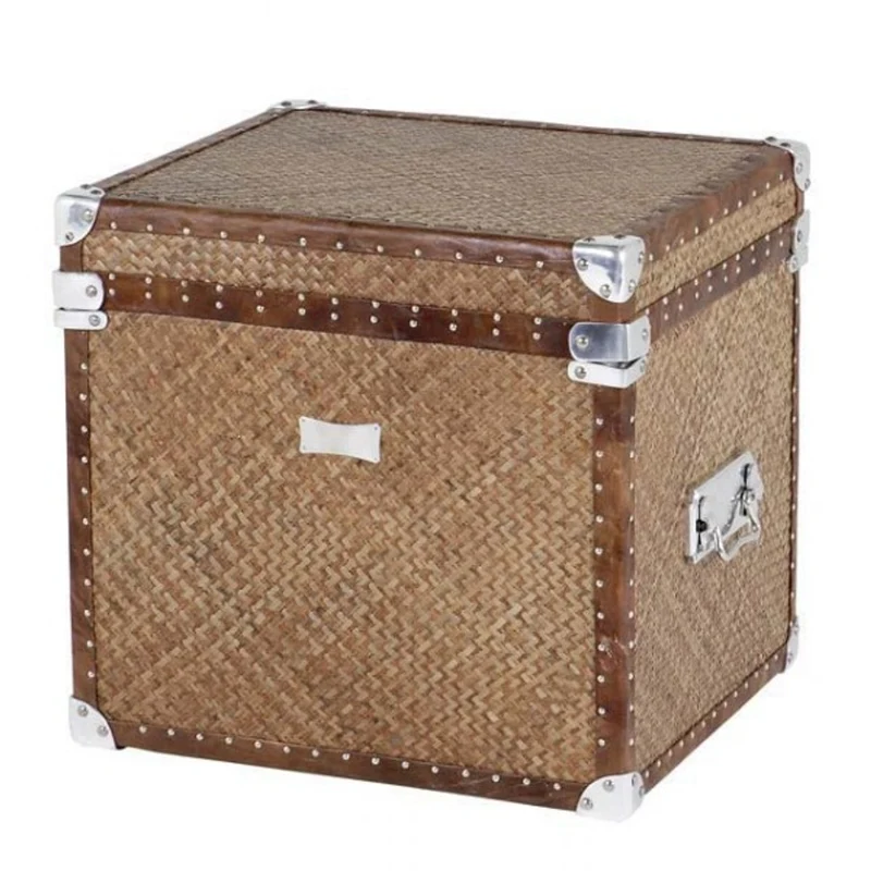 Casa Padrino Vintage Echtleder Koffertisch Rattan und Leder Braun 57 x 50 x H. 54 cm