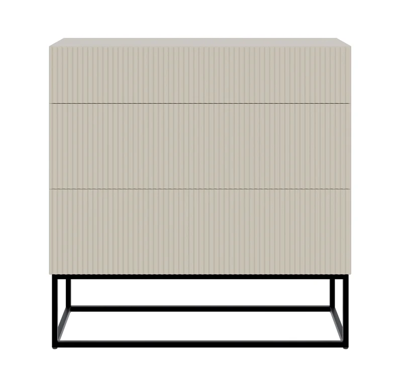 Kommode Veldio mit gefräster Front und drei Schubladen, 90 cm, grau-beige mit schwarzen Beinen