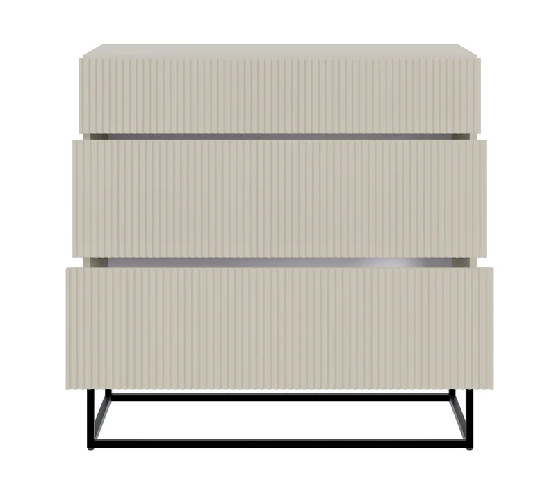 Kommode Veldio mit gefräster Front und drei Schubladen, 90 cm, grau-beige mit schwarzen Beinen