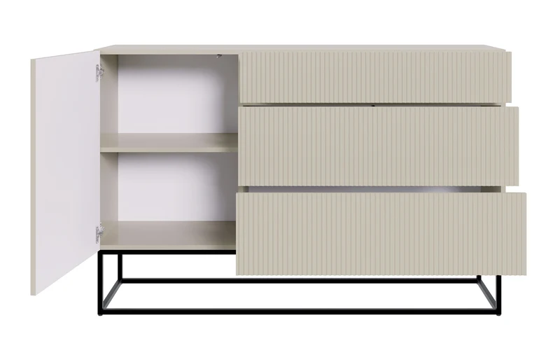 Einzeltür-Kommode Veldio mit gefräster Front und drei Schubladen, 140 cm, grau-beige mit schwarzen Beinen