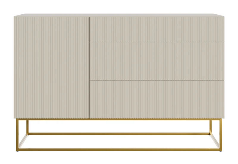 Einzeltür-Kommode Veldio mit gefräster Front und drei Schubladen, 140 cm, grau-beige mit schwarzen Beinen