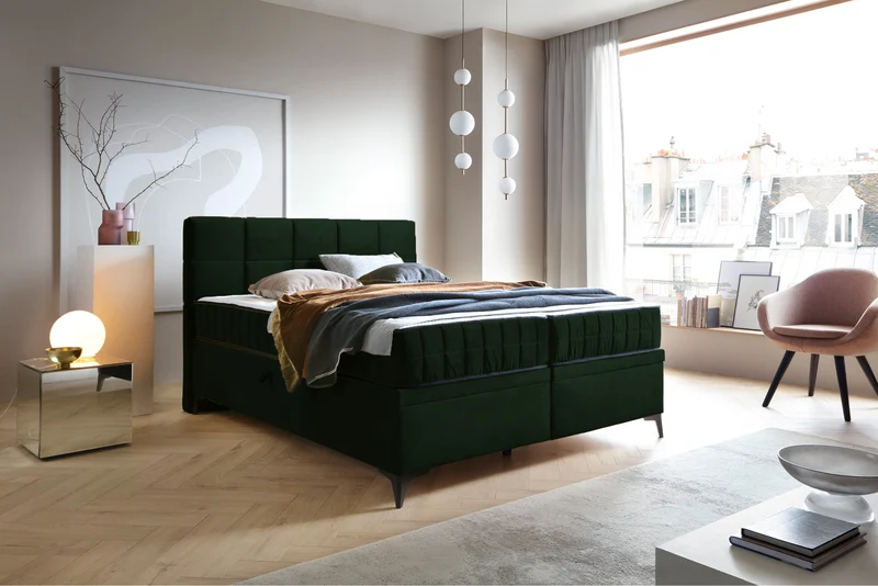 Kontinentales Bett 160x200 cm Beriano mit Stauraum und Matratze, Flaschengrün Samt