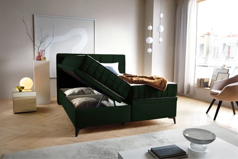 Kontinentales Bett 160x200 cm Beriano mit Stauraum und Matratze, Flaschengrün Samt